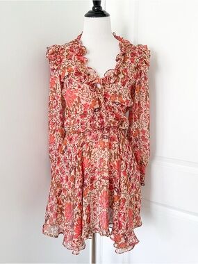 Misa Los Angeles Pink & Brown Floral Ruffle Long-Sleeve Mini Dress - XS